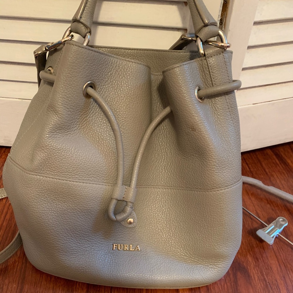 Furla taupe bucket bag gold hardware top handle & crossbody purse